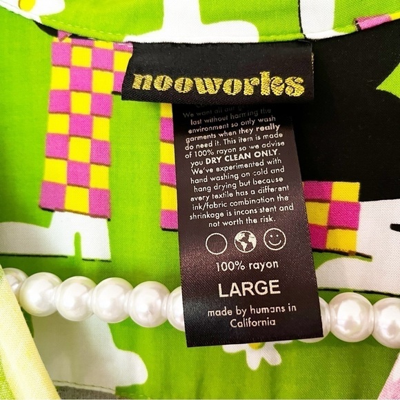 Nooworks Joyce Button Up Top Checkered Ladies Sz L Green Retro Short Sleeve - Picture 4 of 8